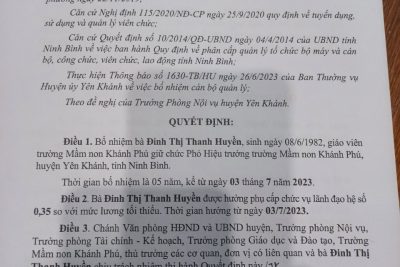 Quyết định bổ nhiệm Hiệu phó Đinh Thị Thanh Huyền